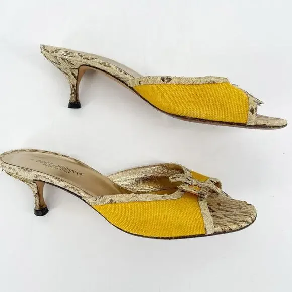 Dolce & Gabbana Retro Yellow Canvas Snakeskin Peep Toe Kitten Heel Mules IT 36 - Picture 3 of 11